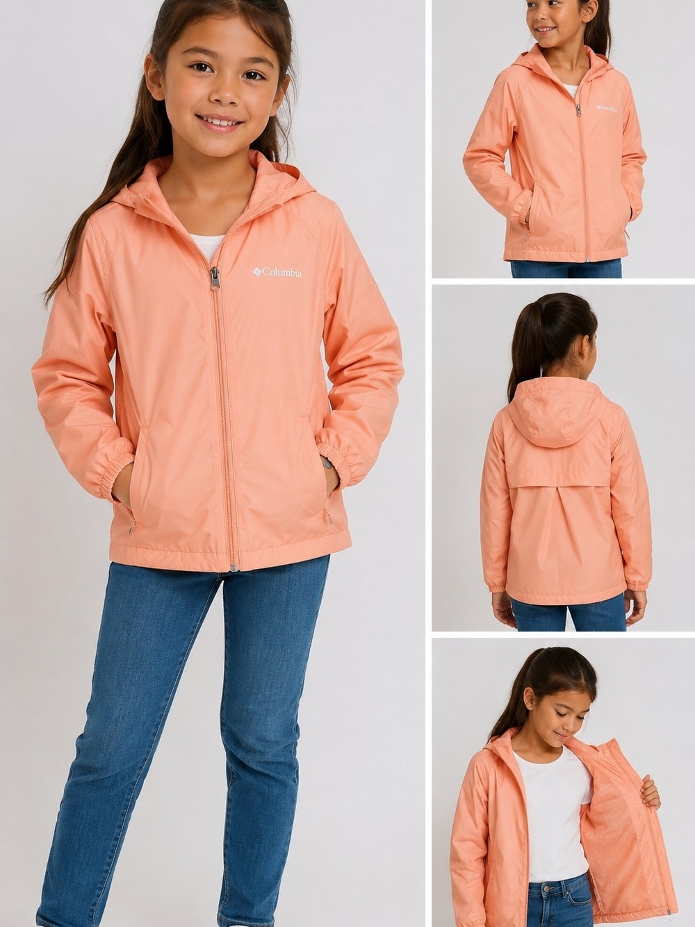 Columbia Girls Windbreaker Rain Jacket Hooded Peach Pink Size M 10/12.